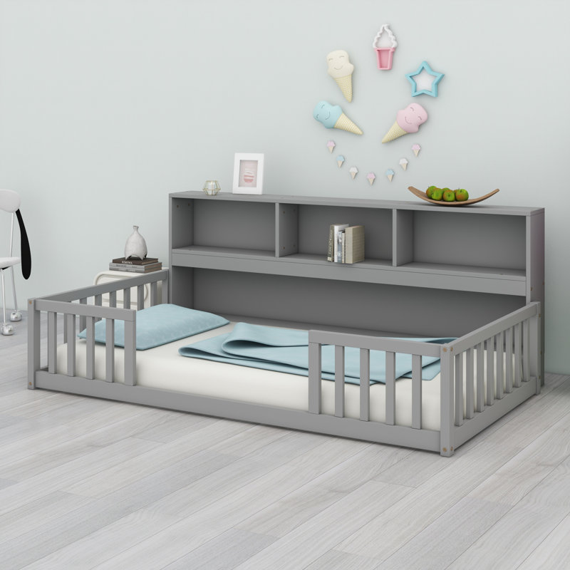 Floor Bed With Bedside Bookcase,Shelves,Guardrails, Gray