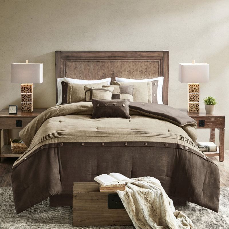 King 7 Piece Bedding - Brown Faux Suede, Button Detail Comforter