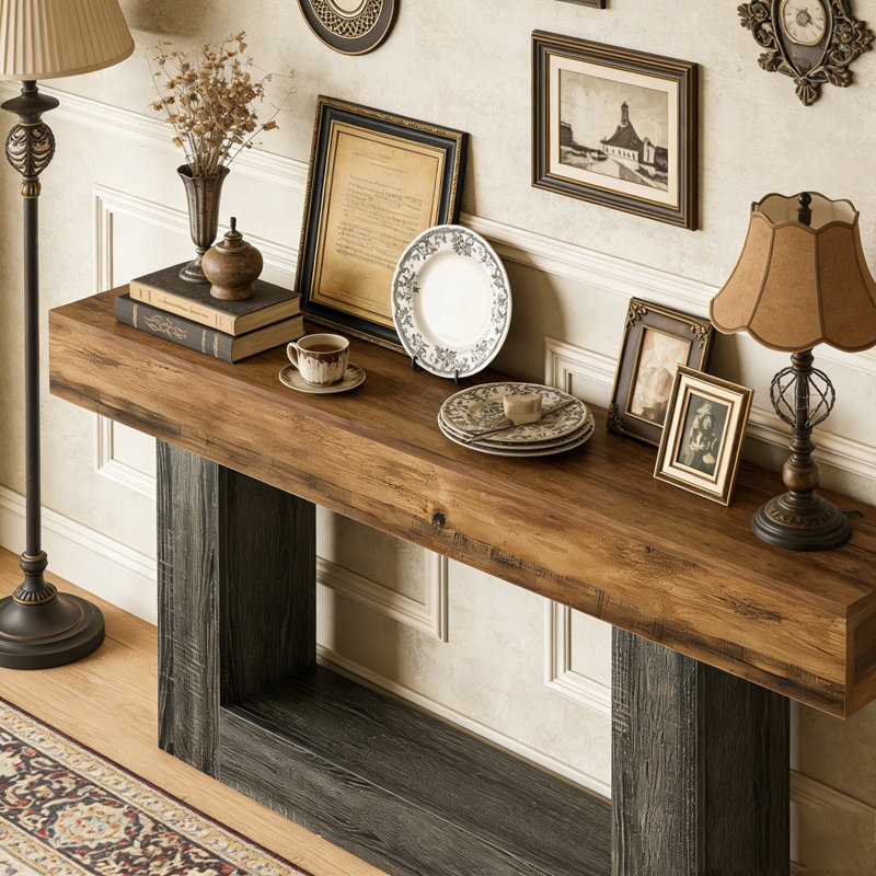 Wooden Farmhouse 2-Tier Sofa Entryway Table, Vintage Brown & Gray
