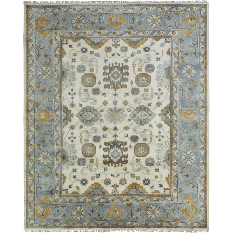 Hand Knotted Wool Ivory/Blue Area Rug, Rectangle 8'6" x 11'6", Blue