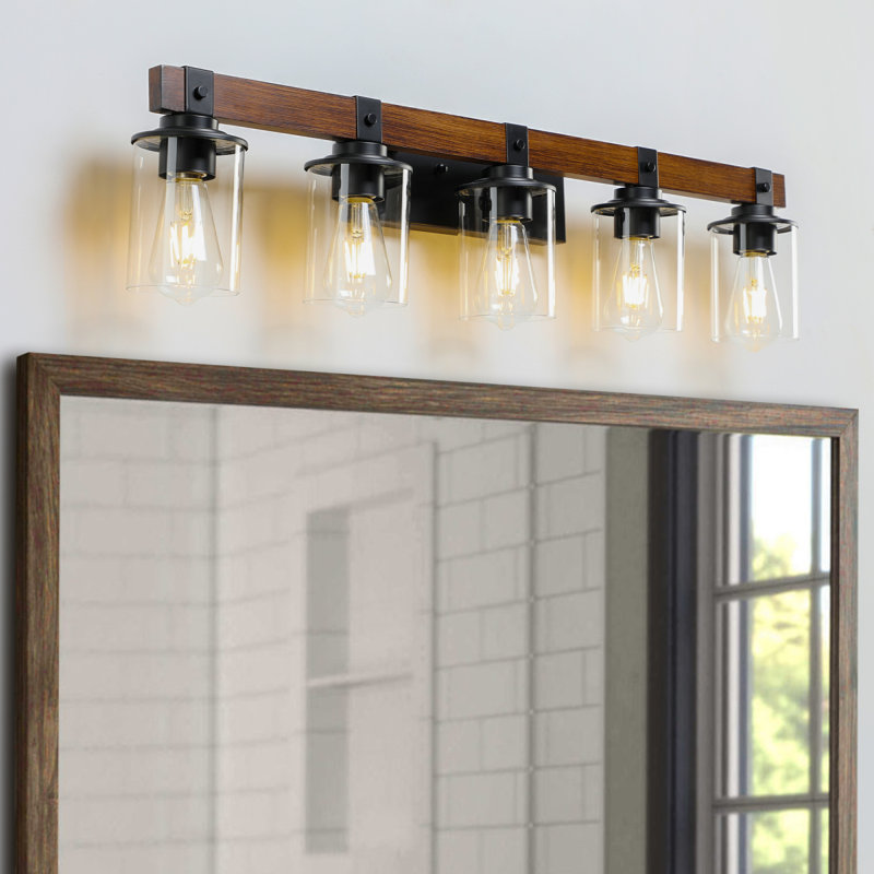 Applique murale de salle de bain 35 lumières rustique 35 po avec abat-jour en verre et accent de bois, luminaire de maison de campagne moderne (sans ampoules)