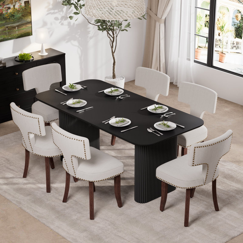 Rectangular Wooden Dining Set with Upholstery Dining Chair, Black, Beige, 7