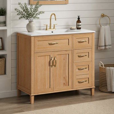 36 Inch Bathroom Vanity with Ceramic Sink, Modern Natural Wood Grain Vanity Cabinet with Solid Rubberwood Legs, Soft-Close Double Doors & 4 Drawers for Bathroom