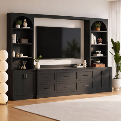 Meuble télé mural tout-en-un avec étagères et tiroirs, console multimédia moderne pour téléviseurs jusqu'à 70 pouces.