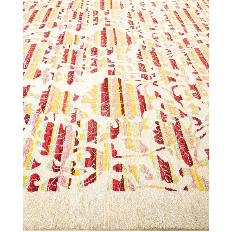 Tapis ivoire noué à la main de conception unique 9 pi 1 po x 11 pi 9 po Lilton Arts & Crafts