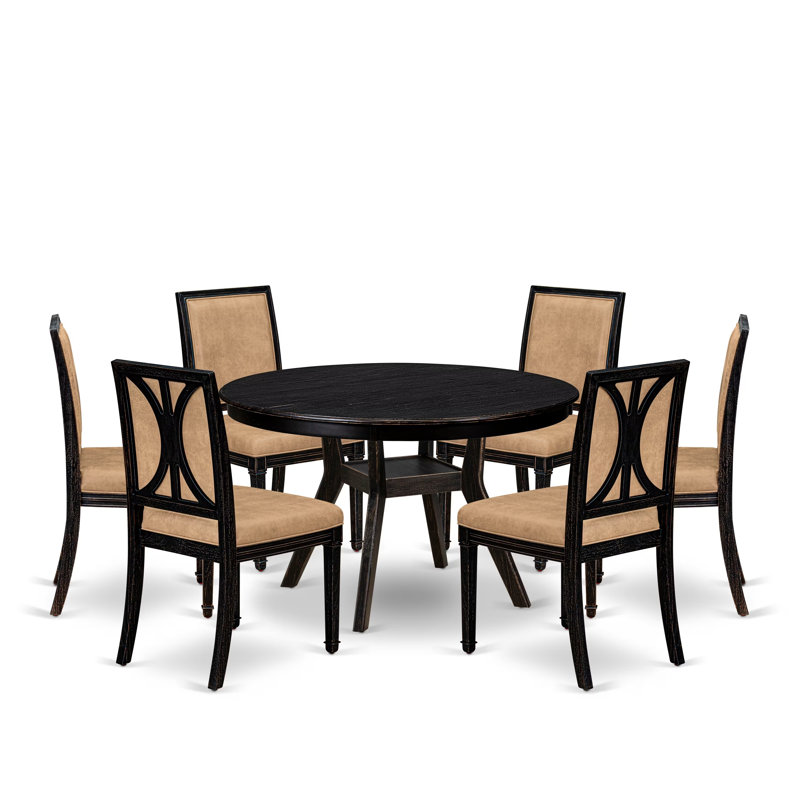 Cet ensemble de salle à manger 7 pièces se compose d'une table ronde et de 6 chaises en polyester beige à haut dossier avec finition noire sablée.