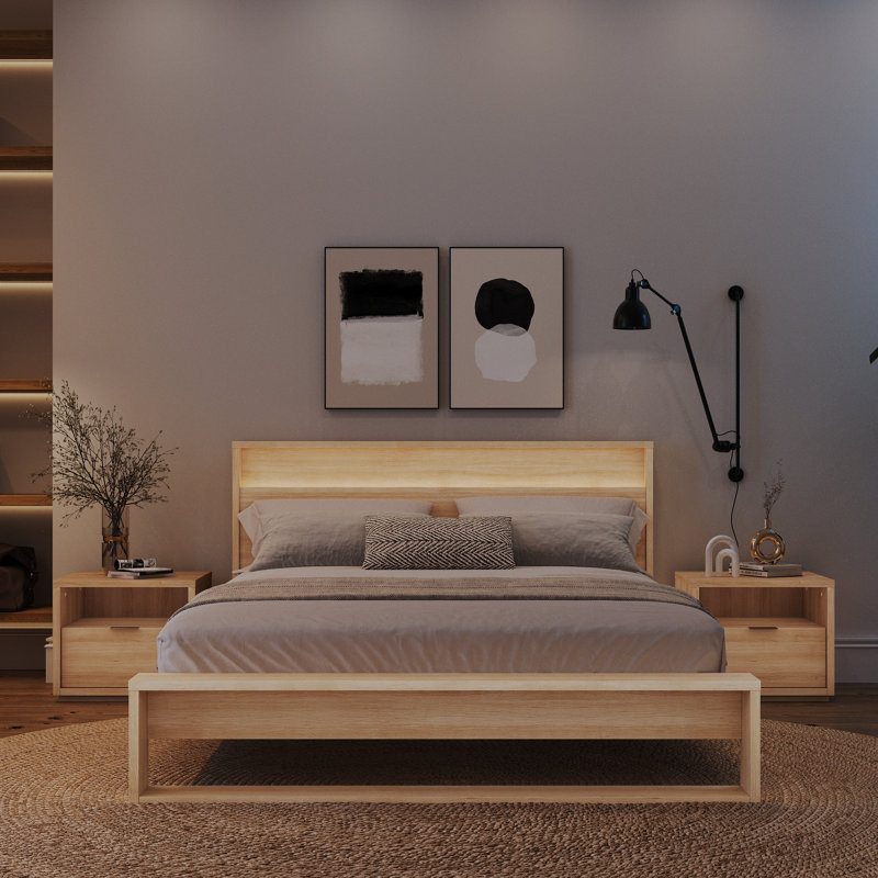 Ensemble de chambre avec grand lit et tête de lit 4 pièces avec éclairage intégré Deangelis, Beige
