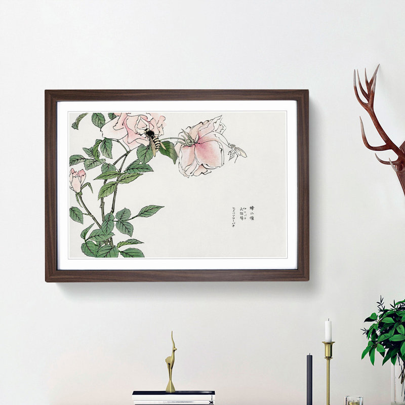 Bee Upon A Pink Flower by Morimoto Toko - Single Picture Frame Painting, 45cm H x 63cm W x 2cm D, Walnut Framed