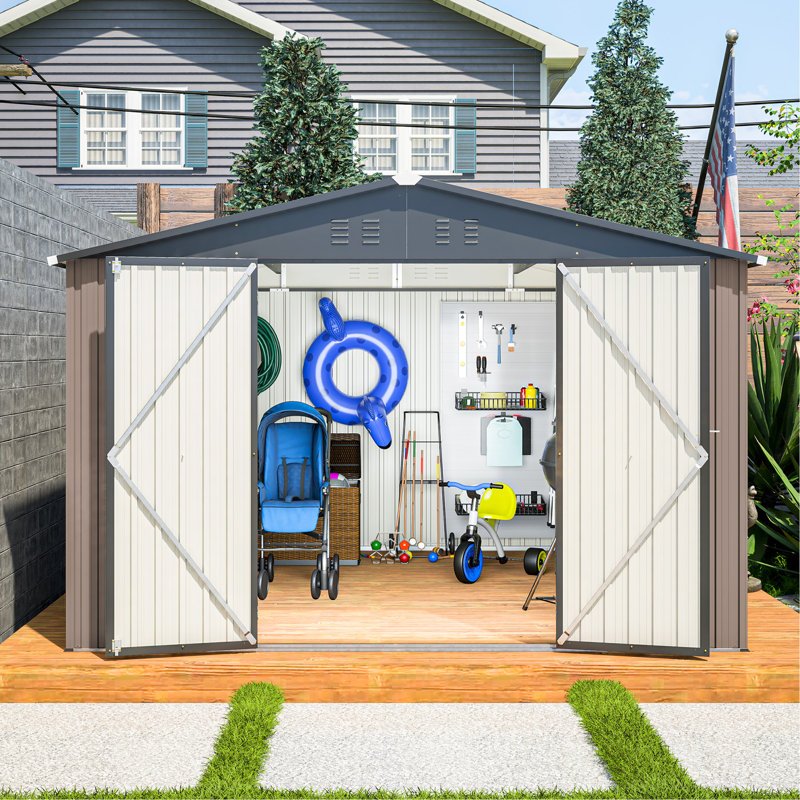 10' x 10' Brown Metal Garden Storage Shed with Double Doors