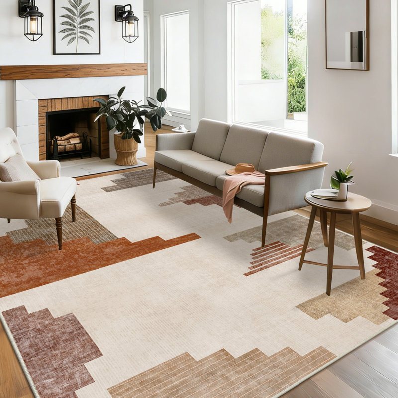 Washable Area Rug Orange & Brown Modern Soft Accent Rug Low Pile Distressed Floor Carpet for Living Room Bedroom Kitchen Dining