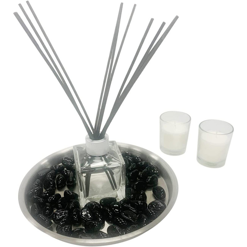Hosley Aromatherapy Linen Diffuser Gift Set All in One, 230ml Linen Diffuser Refill Oil, Glass Diffuser Bottle, Reed Sticks, Metal Plate, Glass Black Filler and 2pcs Filled Candles in a Set