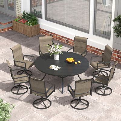  8-Person Patio Dining Set with 60" Round Dining Table and 8 Padded Textilene Swivel Chairs