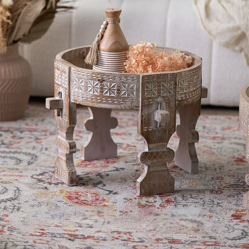 Table basse ronde en bois massif rétro beige, 11.81" H x 24.41" W x 24.41" D