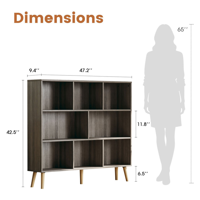 Adisyn No Subject Bookcase, Stone Gray, 42.5" H x 47.2" W x 9.4" D