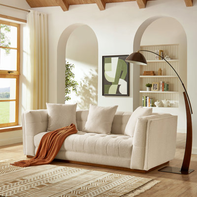 91" Upholstered White Deep Seat Sofa Mid-century Modern Loveseat Sofa for Living Room