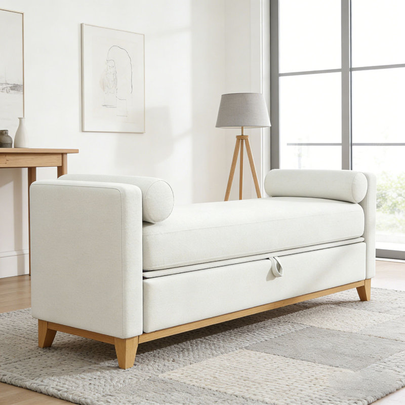 Banc rembourré en bois massif, Beige + naturel, 66 po + rangement