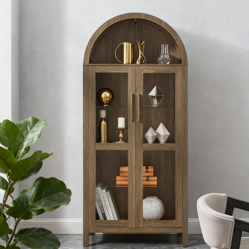 Armoire de rangement arquée avec lampe et cloisons en verre réglables, Browm
