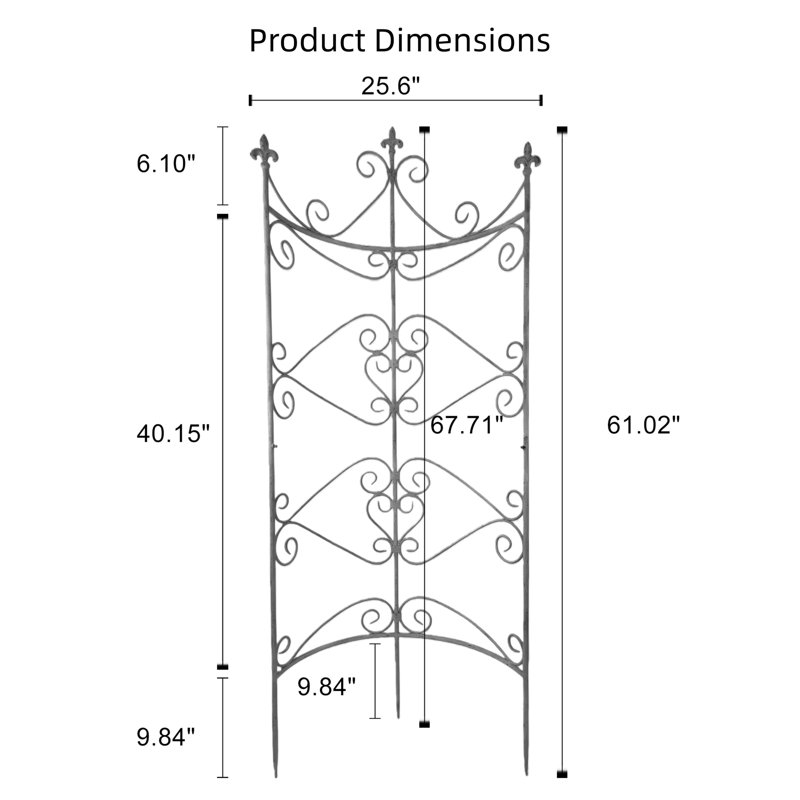 Ensemble de clôture en treillis de jardin en fer 67 po, panneau décoratif en fer forgé vert rétro, dessus en fleur de lys, piquets de sol de 9,8 po, ensemble de 2 panneaux