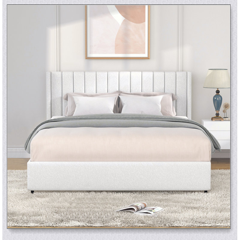 Patented 2-Drawers Storage Bed Queen Size Ivory Boucle Upholstered Platform Bed, Tufted Headboard, Wooden Slat Support, No Box Spring Needed