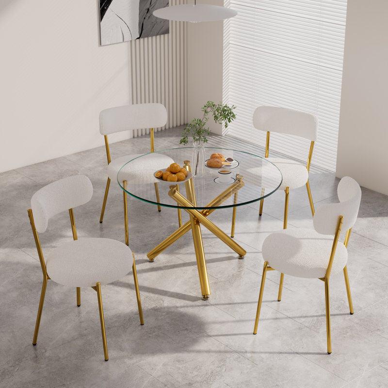 5 Piece Round Gold Glass Dining Table Set for 4, White