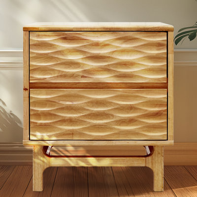 Gerrell Elara Solid Wood 2-Drawer Nightstand with Sculpted Front – Mid-Century Modern Bedside Table for Bedroom or Living Room