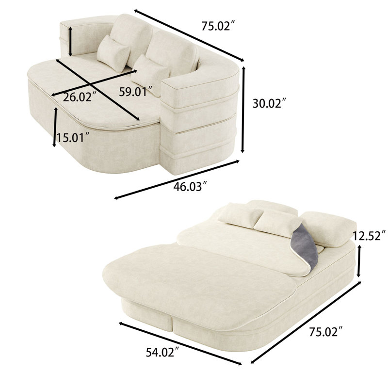 Canapé-lit avec causeuse et accoudoirs modernes, Chenille beige