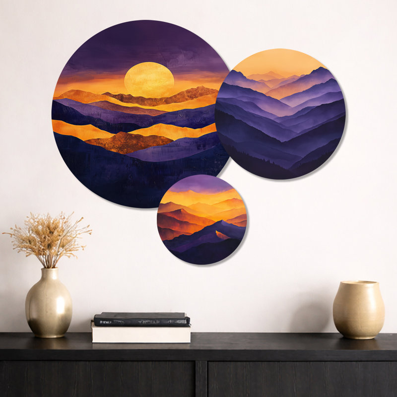 Lavande, pics au crépuscule I - Montagne, 3 panneaux d'art mural en métal