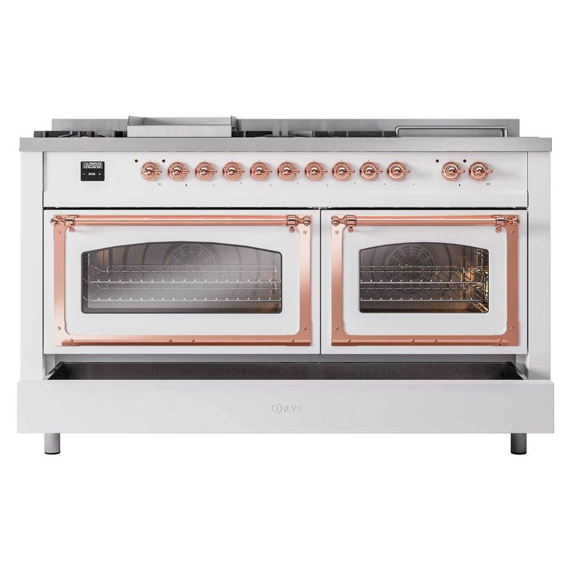 ILVE Nostalgie II Noblesse 60 inch Dual Fuel Range  (7 Sealed Burners + Griddle + French Top, Triple Glass Door, RAL), Copper