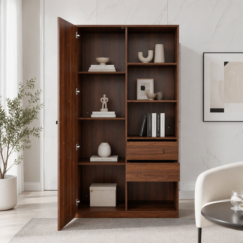 Grande armoire de rangement autoportante avec portes cannelées, tiroirs et tablettes ouvertes