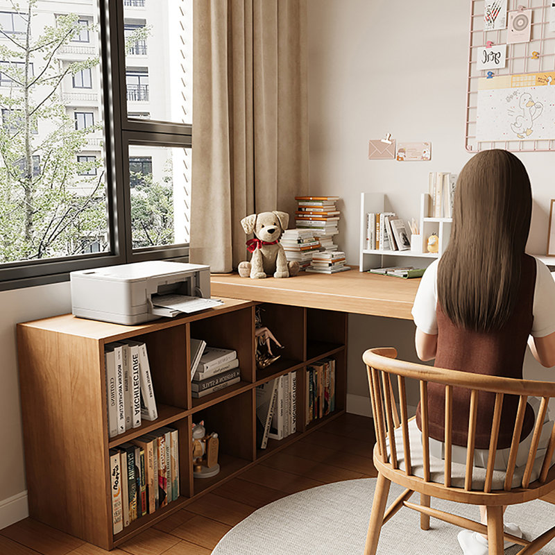Burlywood L-Shaped Solid Wood desk, 29.53" H x 62.99" W x 55.12" D, Left Hand Return