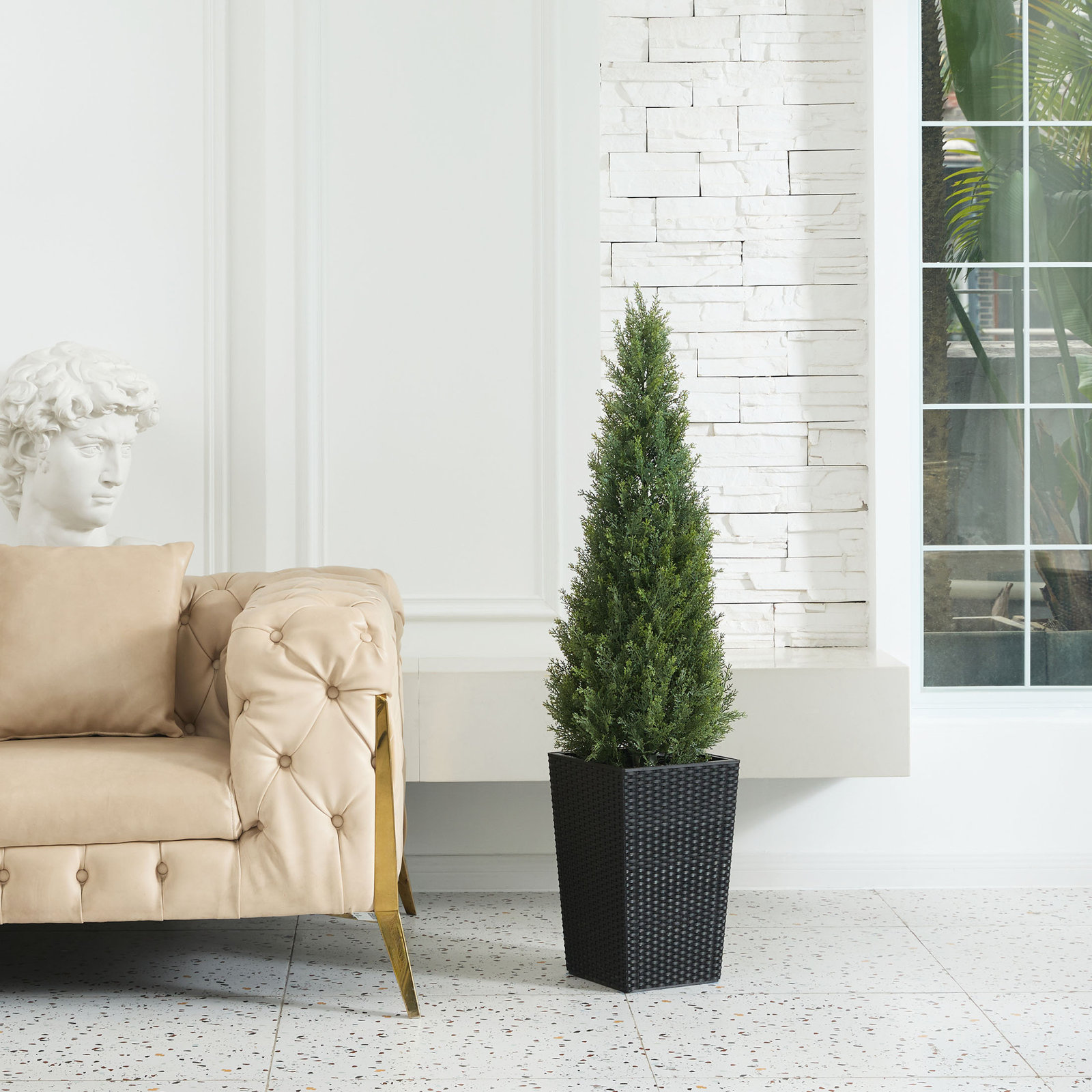 Faux Cedar Topiary Tree 4FT - UV Resistant Fake Cypress Tree with Big Planter and Decorative Plants, 1, Black