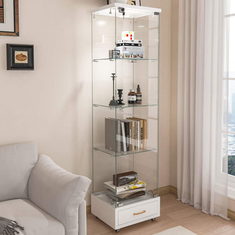 Modern Glass Display Cabinet With Drawer, White