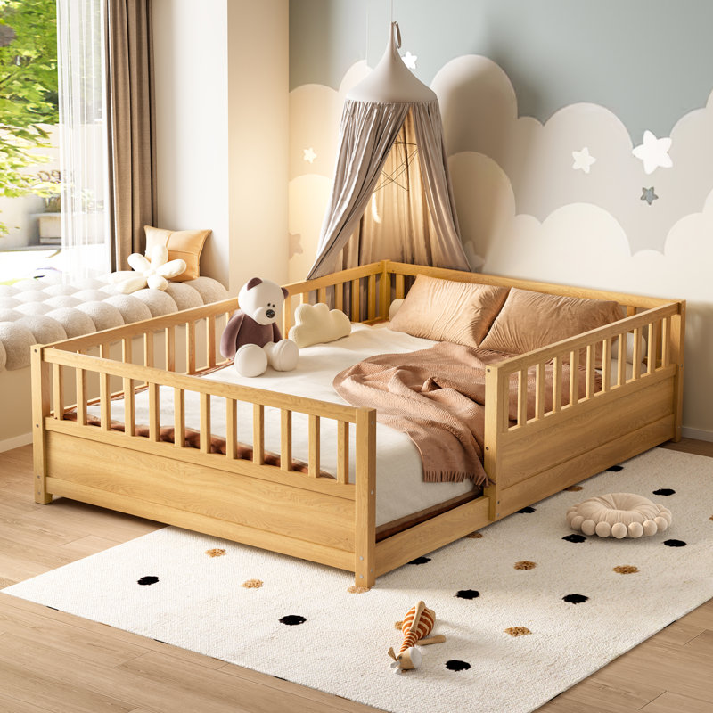 Elio Modern Pine Montessori Floor Bed with Extra-High Safety Guardrails, Natural, Full