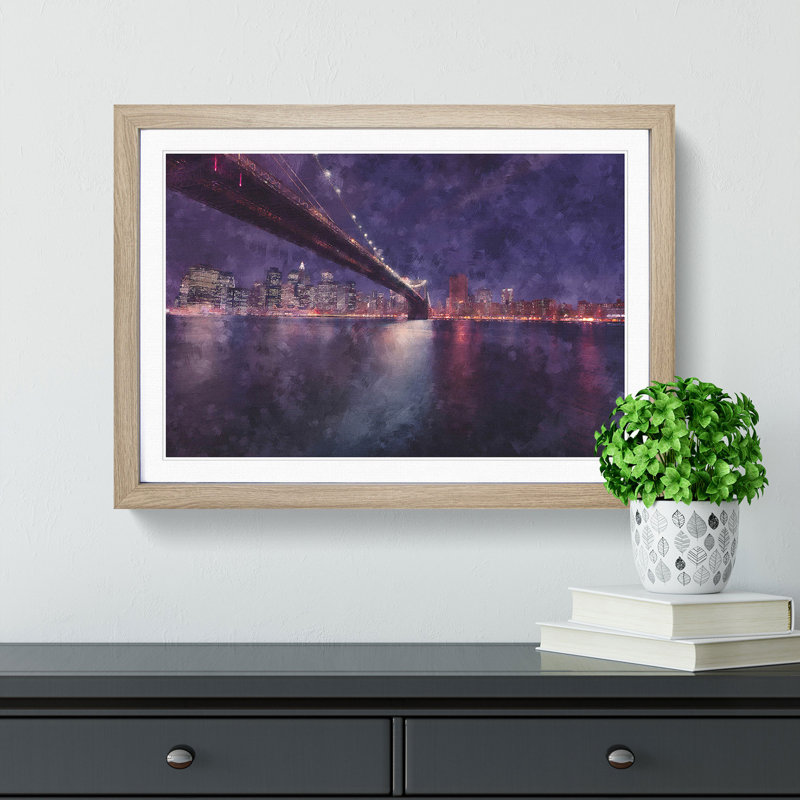 Brooklyn Bridge In New York City Painting - Single Picture Frame Print on MDF, Oak, 62cm H x 87cm W x 2cm D