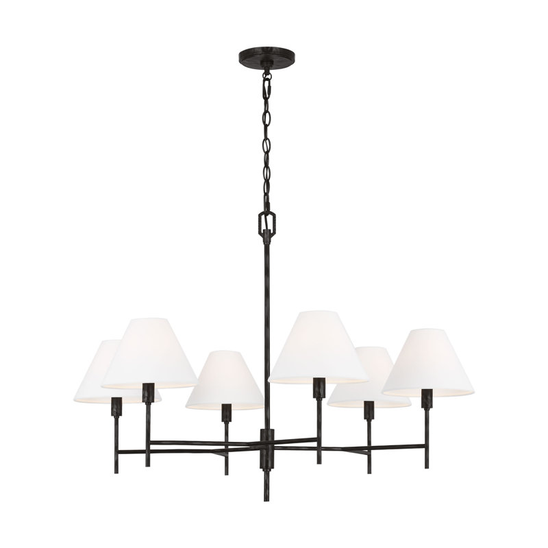 Chapman & Myers Covarrubias 6 Light Dining Room Chandelier With White Linen Shade, Aged Iron, 25.625" H x 36" W x 36" D