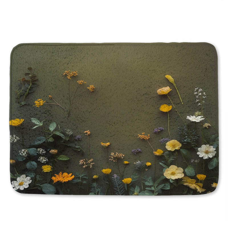 Tapis de bain assorti fleurs sauvages sur fond vert, L 24 po x L 17 po