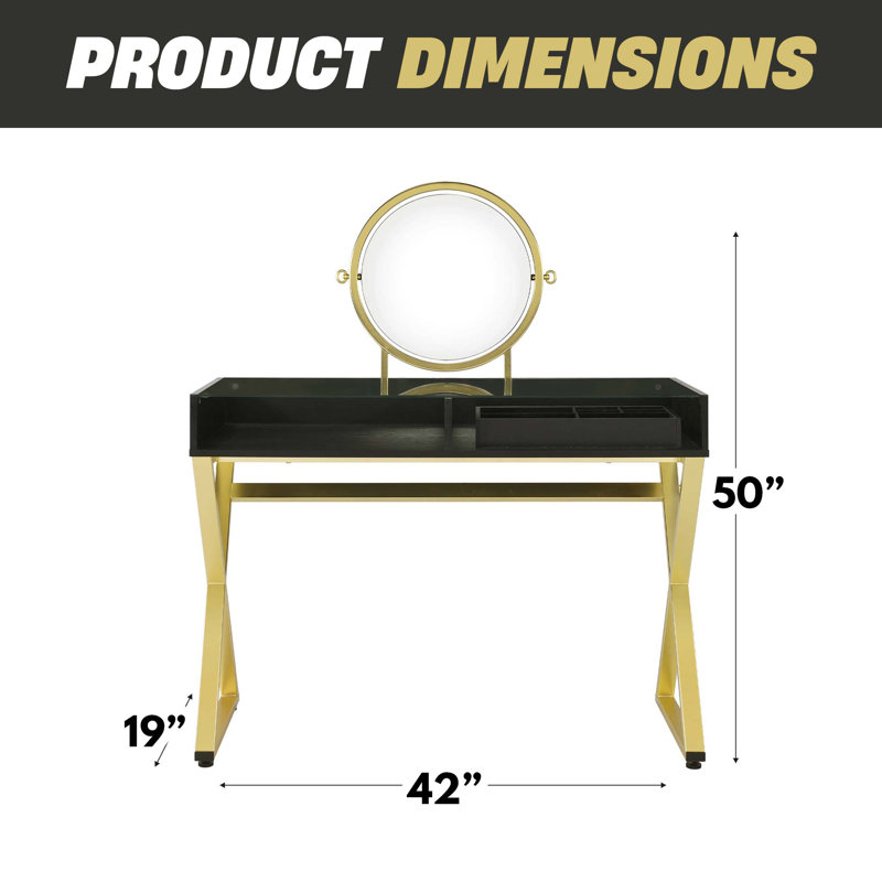 Bureau de coiffeuse avec miroir et plateau à bijoux - Finition noire et or