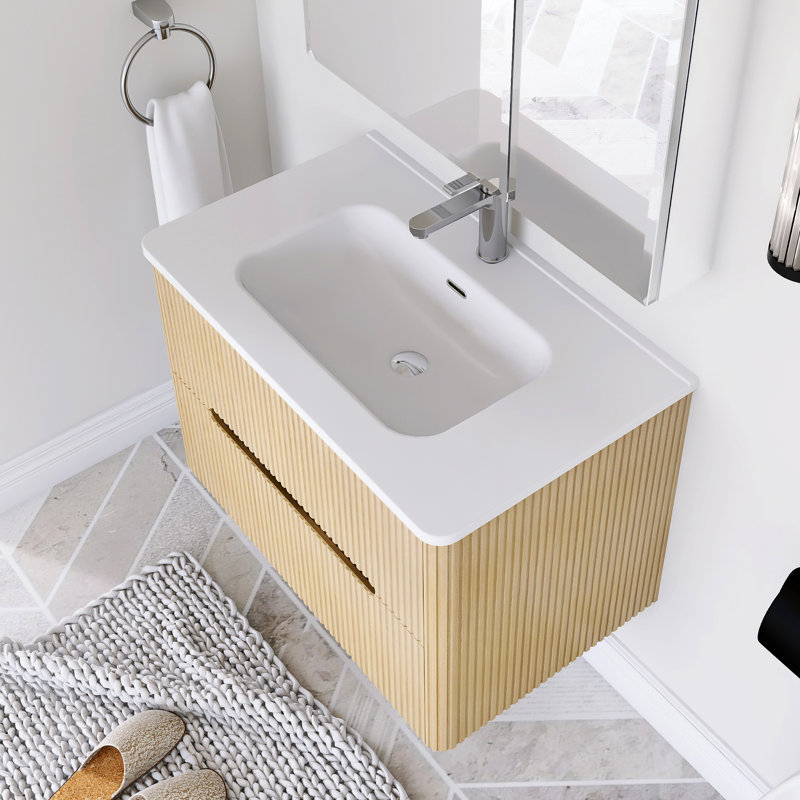 Ensemble de meuble-lavabo mural 30 po avec comptoir intégré en céramique, Chêne naturel