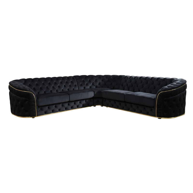 3-Piece Button Tufted Black Flannel Upholstered Sectional