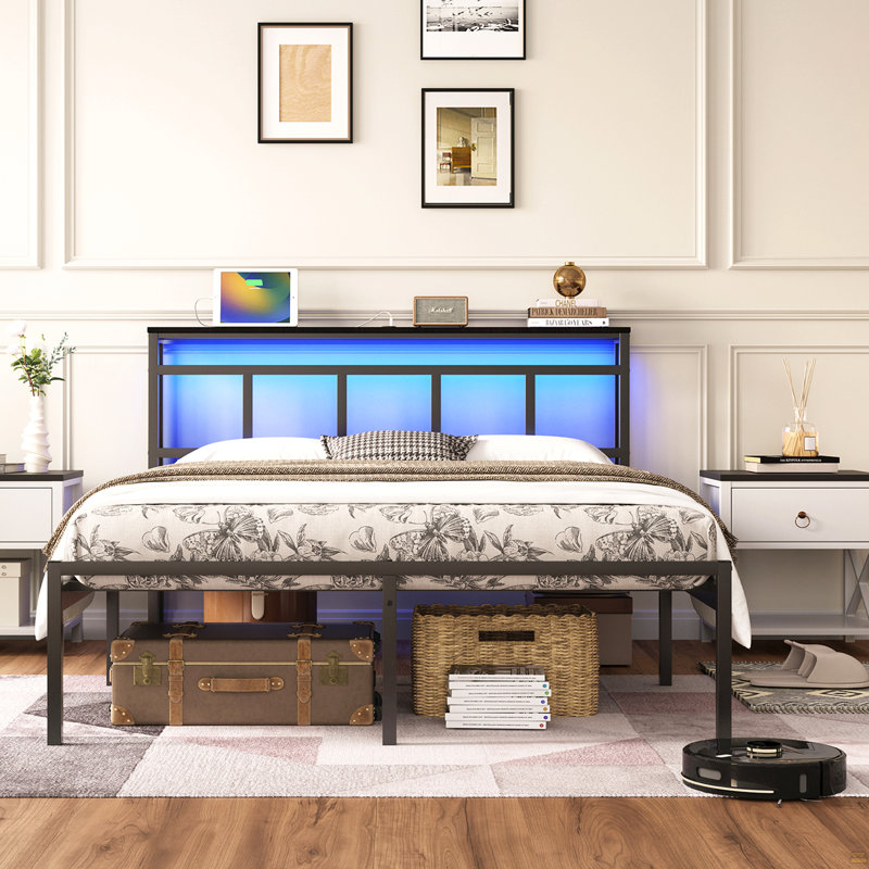 Cadre de grand lit de 14 pouces avec tête de lit avec rangement, cadre de lit plateforme en métal avec USB-C, type C et lumière DEL