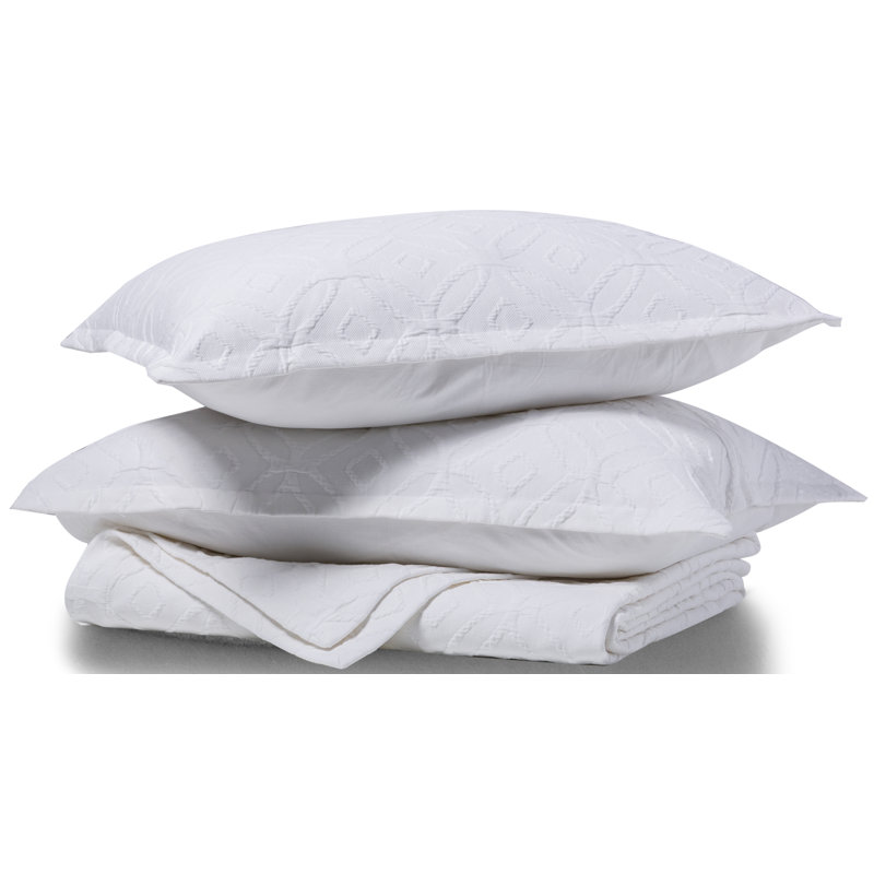  Couvre-lit 100% coton matelassé et taies décoratives assorties, Blanc, Couvre-lit grand + 2 taies