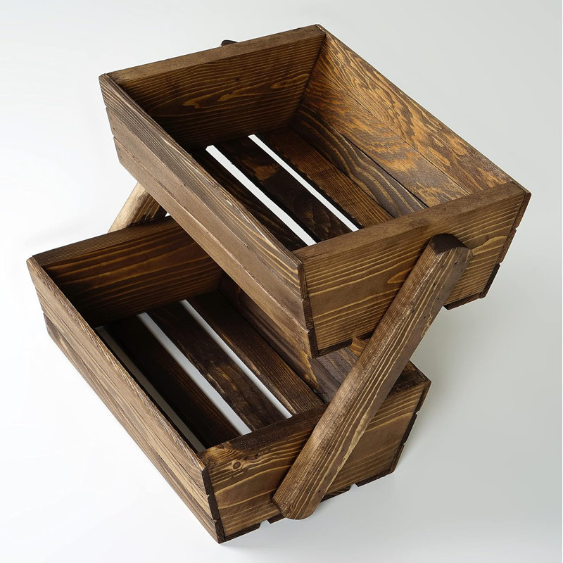 2-tier Wooden Countertop Fruit & Vegetable Basket Stand – Rustic Farmhouse Storage Crate Organizer For Kitchen, Dark Walnut