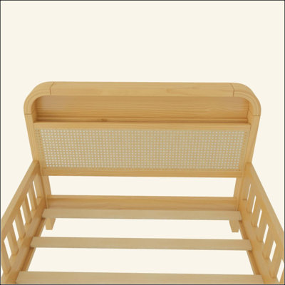 Rattan Bed Frame with LED Lights and Storage Headboard, Platform Bed with Safety Guardrails for Kids