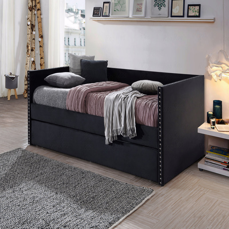 1Pc Modern Daybed Tufted Nailhead Trim Armrest Pull Out Trundle Bedroom Living Room Furniture, Gray