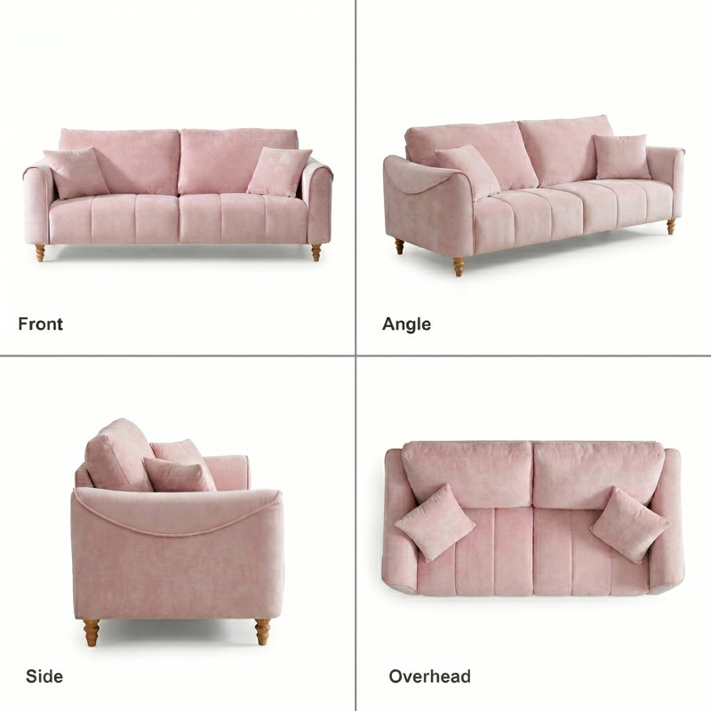 Modern Flared-Arm 3-Seat Sofa, Natural Textured Linen,pink, Pink