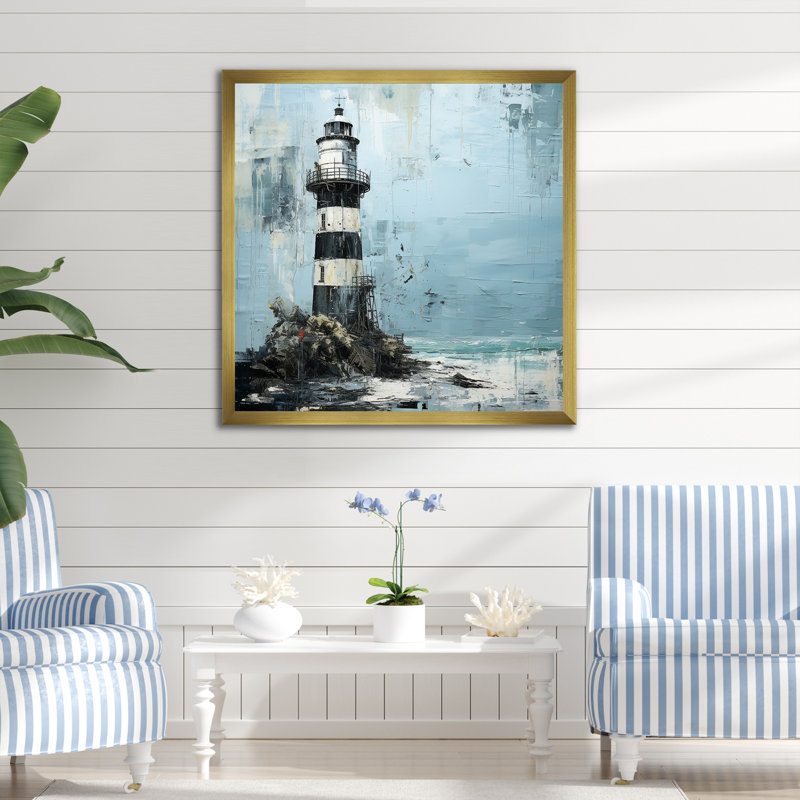 Mystérieux phare bleu et noir - impressions nautiques et de plage, Cadre doré simple, H 36 po x l 36 po x P 1,5 po