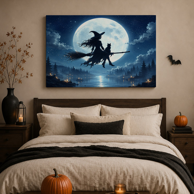«Witch on Broomstick with Black Cat Flying Past Halloween», art mural sur toile, H 12 po x l 18 po