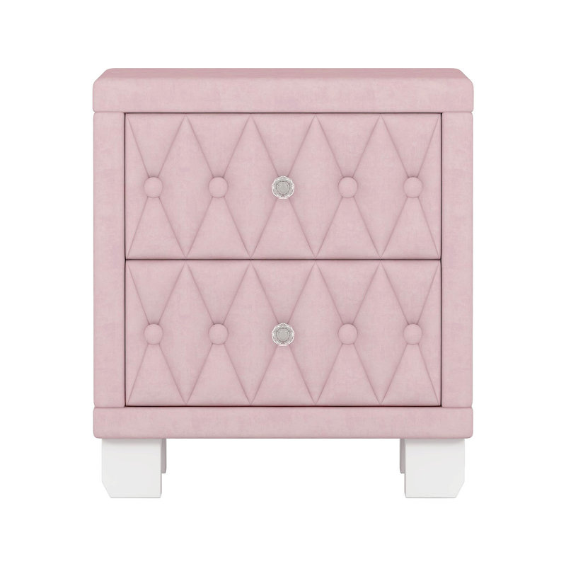 Élégante table de chevet en velours avec 2 tiroirs et poignée en cristal, table de chevet avec capitonnage à boutons, rose
