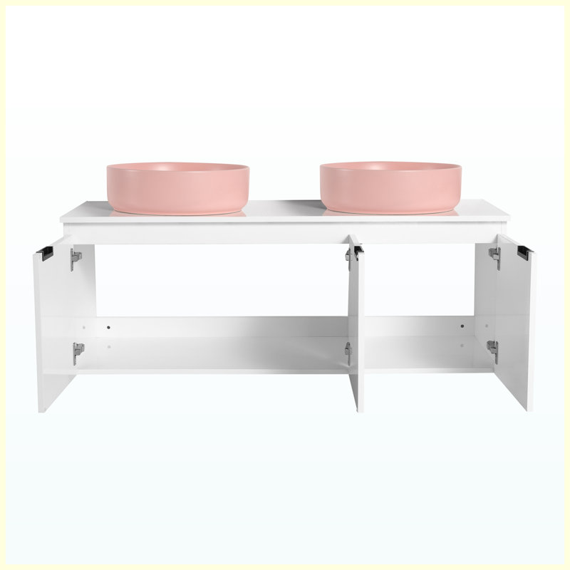 Meuble-lavabo suspendu de 122 cm (48 po) avec lavabo, porte d'armoire à fermeture amortie, design blanc moderne