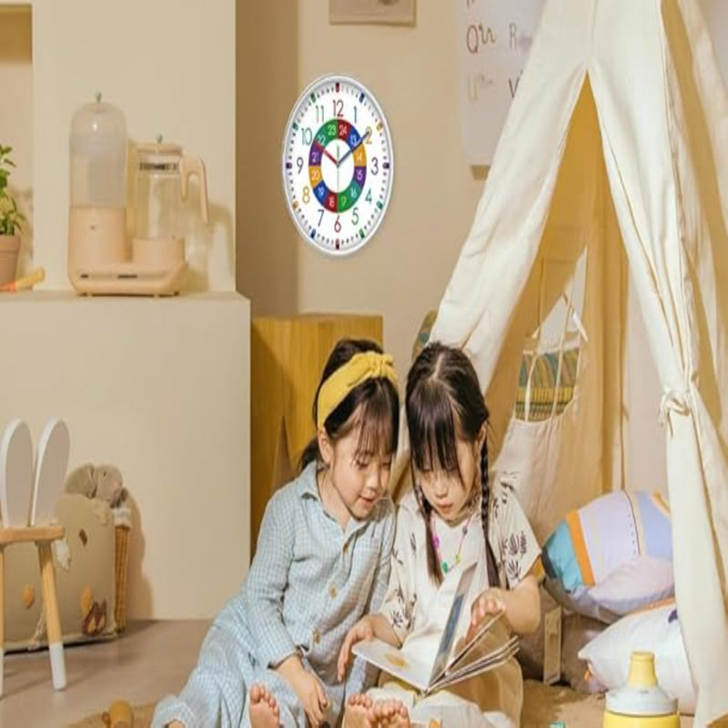XFM Telling Time Teaching Clock For Kids Colorful Silent Wall Clock For Classroom Small Wall Clock Battery Operated 10 Inch Analog Clock For Kids Learning